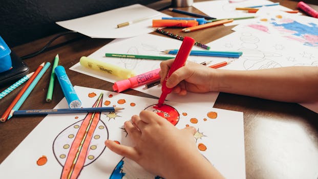 A child coloring a space-themed picture with colored pencils and markers on a desk.
